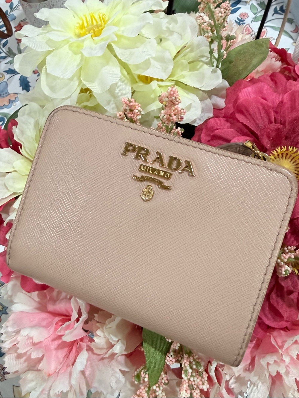 Authentic Small Beige Saffiano Leather Prada Wallet